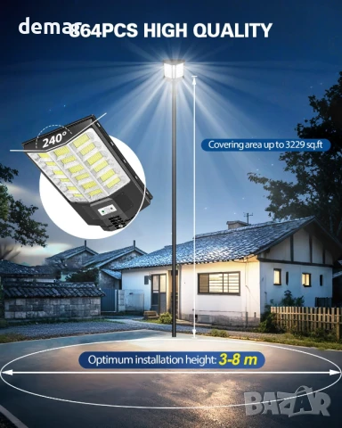 Worshow Соларна улична лампа 1000W, сензор за движение - 864LED 6500K, дистанционно, IP65, снимка 3 - Соларни лампи - 51157192