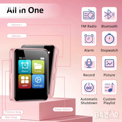 MP3 плейър с Bluetooth, 1.8" музикален плейър с тъчскрийн, 32GB карта, слушалки, розов, снимка 6 - MP3 и MP4 плеъри - 53606192