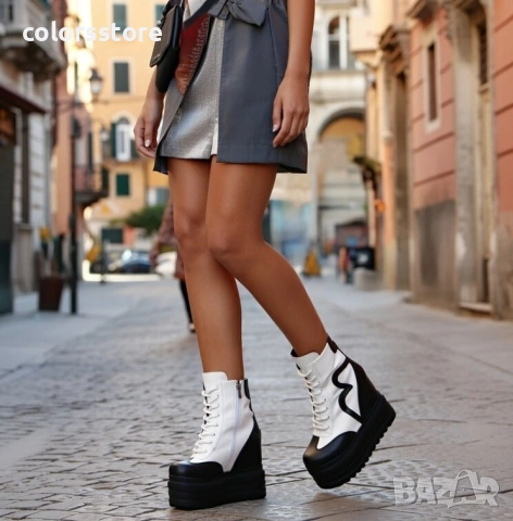 Боти на платформа - черно с бяло кожа - BML77 