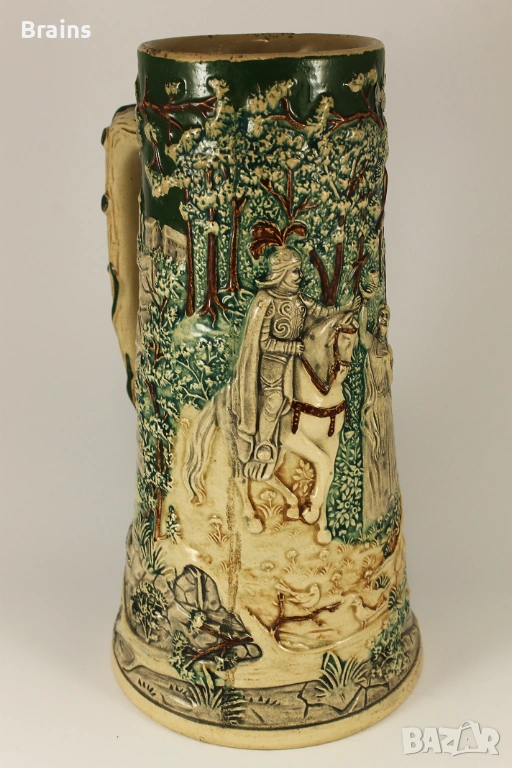 1900's Рицарът И Горска Фея Стара Немска Голяма Керамична Халба Релефна, снимка 1