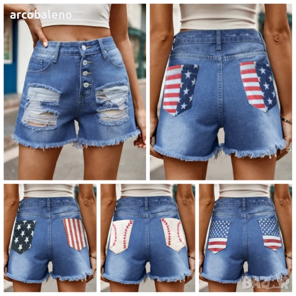 Дамски дънкови къси панталони с щампа на американското знаме, 5модела, снимка 1