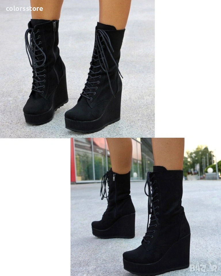 Боти на платформа - черен велур - TD33, снимка 1