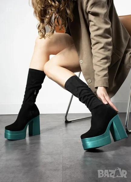 Ботуши на ток - черен велур с ходило цвят тюркоаз, снимка 1