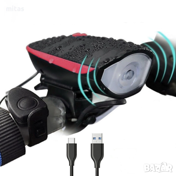 Предна LED светлина за велосипед с USB зареждане и Електронен звънец, снимка 1
