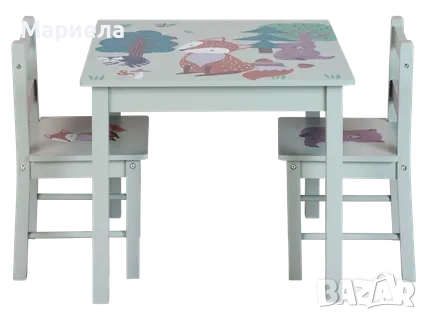 Детска дървена маса с 2 стола / С мотиви на горски животни, снимка 1