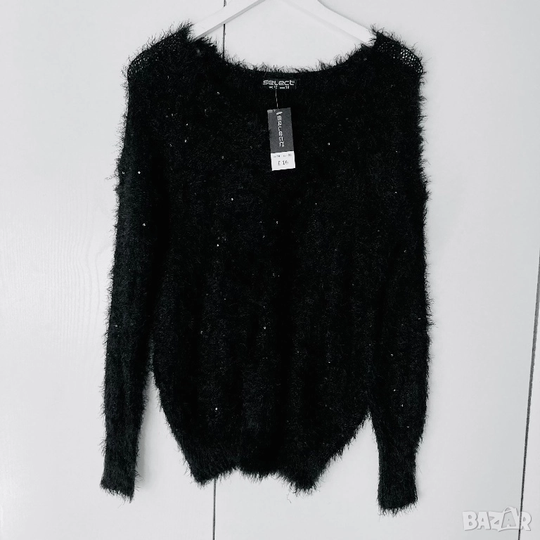 Разпродажба Дамски черен пухкав пуловер с пайети Нов, снимка 1