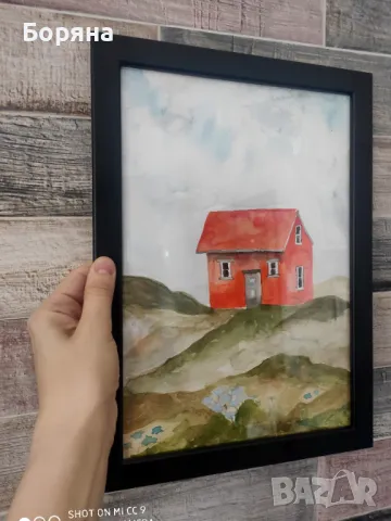 Нова картина с рамка ръчно рисувана акварел червена планинска къща, снимка 3 - Картини - 50139536