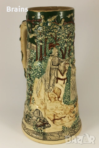 1900's Рицарът И Горска Фея Стара Немска Голяма Керамична Халба Релефна