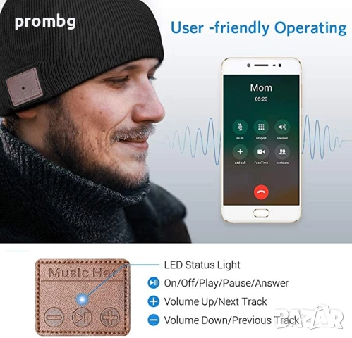 универсална музикална шапка с Bluetooth, плетена, Hands Free, фенер, 2 модела, снимка 9 - Шапки - 39339192