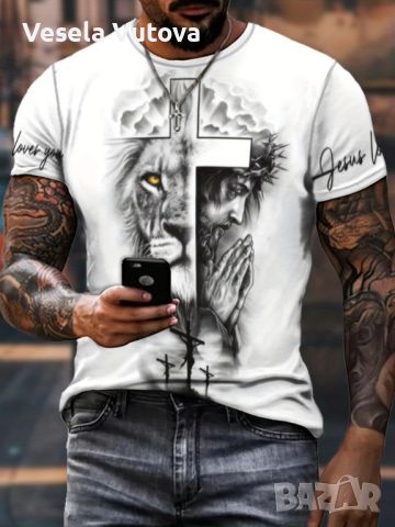 Стилна мъжка елегантна тениска с къс ръкав, шарка на кръст и лъв, снимка 1 - Тениски - 45653686