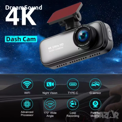 4K Видеорегистратор (Dash Cam) с Wi-Fi | Нощно виждане, Паркинг режим, снимка 2 - Аксесоари и консумативи - 53601336