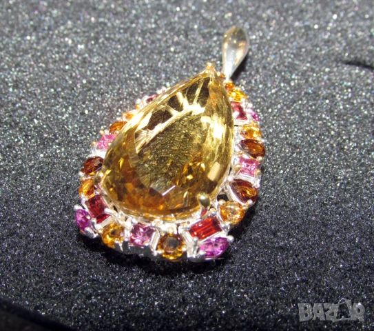 925 сребърно колие с голям цитрин, минерал 60 карата, снимка 3 - Колиета, медальони, синджири - 53983700