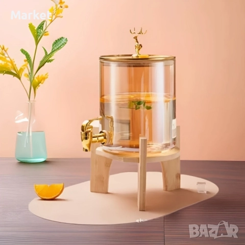 Голям диспенсър за напитки 8L с дървена стойка и златист кран, снимка 3 - Други - 51811934