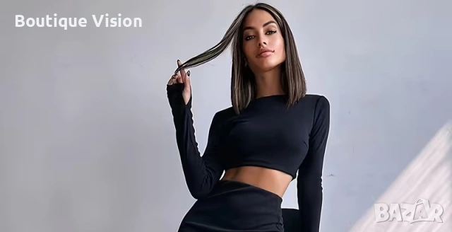 Ново! Стилна черна къса блузка, наличен размер S. , снимка 2 - Блузи с дълъг ръкав и пуловери - 52773973