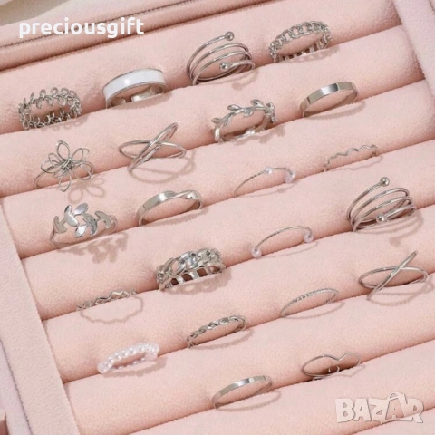 Комплект бижута - 22 броя пръстени, налични в цвят злато или сребро, снимка 8 - Пръстени - 53071172