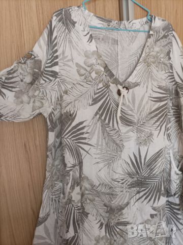 Флорална, асиметрична ленена туника с джобове , снимка 3 - Туники - 45481585
