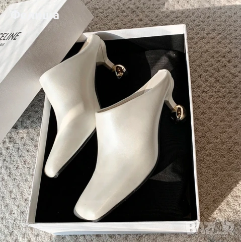 Дизайнерски Мюли Обувки в Цвят Нежна Ванилия със Златен Ток Топче, снимка 6 - Дамски ежедневни обувки - 51005827