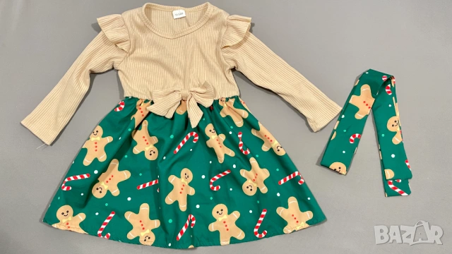 Прекрасна детска Коледна рокля с лента за глава (джинджифилови човечета) – размер 18-24 месеца