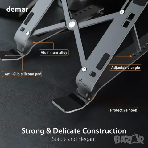 j5create Сгъваема алуминиева стойка за лаптоп с USB3.2 4-портов хъб, преносима до 16 инча (JTS223), снимка 4 - Друга електроника - 48237807