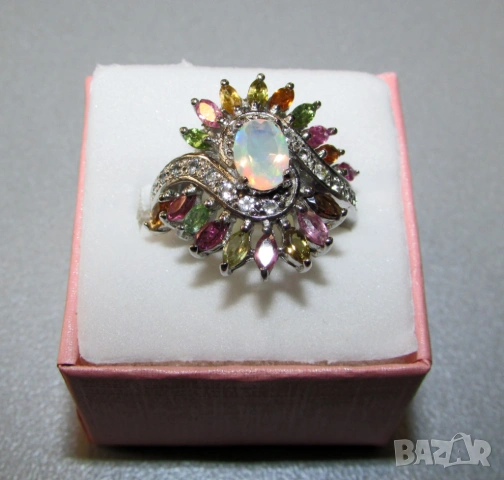 925 сребърен пръстен с огнен опал и турмалини