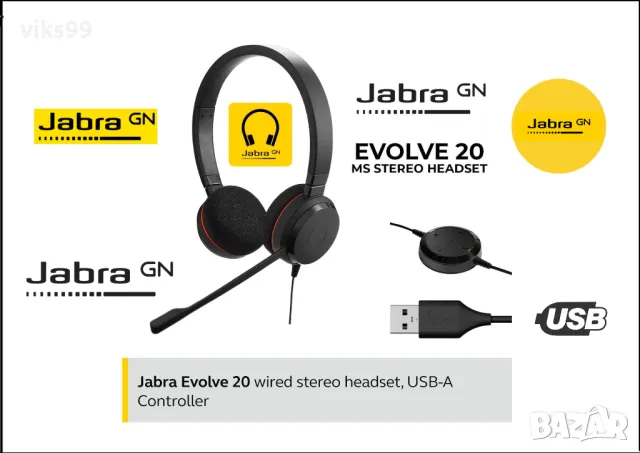 Слушалки с микрофон Jabra EVOLVE 20 MS USB, снимка 1 - Слушалки за компютър - 49479195