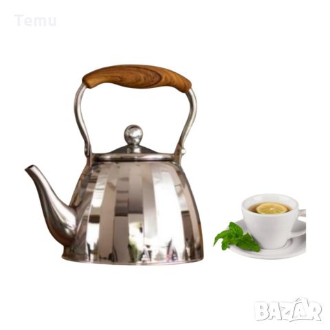 Чайник от неръждаема стомана с фина цедка и дървена дръжка, 2L, снимка 2 - Аксесоари за кухня - 46420145