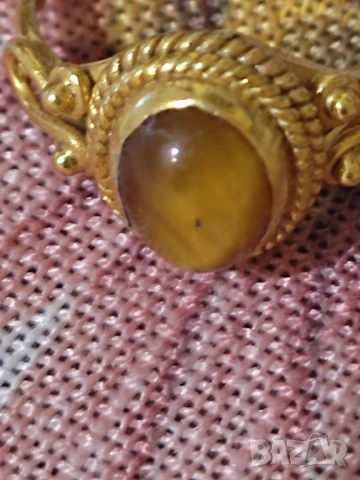 Сребърен пръстен с позлата и тигрово око, снимка 3 - Пръстени - 53710703
