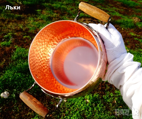 Кована медна тенджера с капак,чиста червeна мед 6 литра, 1.1 кг., снимка 2 - Антикварни и старинни предмети - 52496793