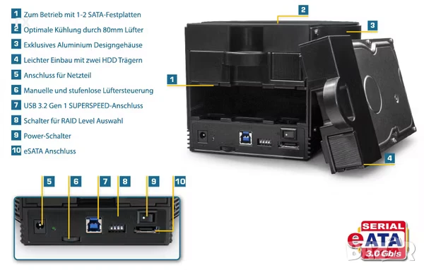 Fantec SQ-X2RU3e 2BAY RAID кутия, NAS CL-35B1