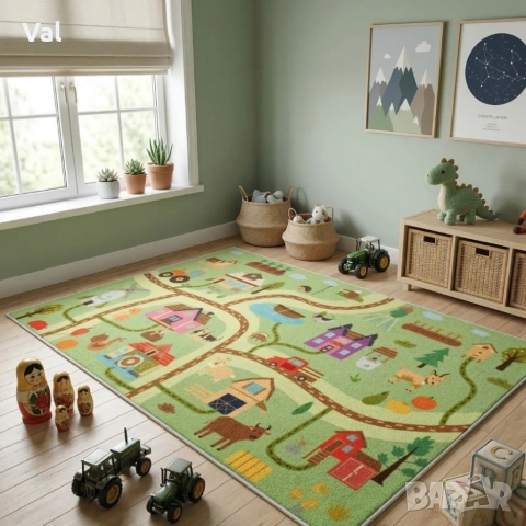 Детски килим за игра 120х160см - Светлозелен килим с ферма и животни, противоплъзгащ и миещ се, снимка 2 - Килими - 53931982