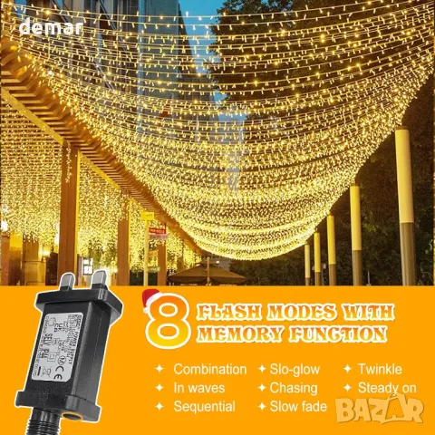 Светлинни завеси GlobaLink, 600LEDs 6mx3m, водоустойчиви, 8 режима - топло бяло, снимка 2 - Лед осветление - 47521294