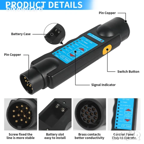 AOHEWEI 13-пинов тестер за ремаркета за щепсели и контакти, тестер за каравани, 12 V НОВ, снимка 5 - Други инструменти - 50731228