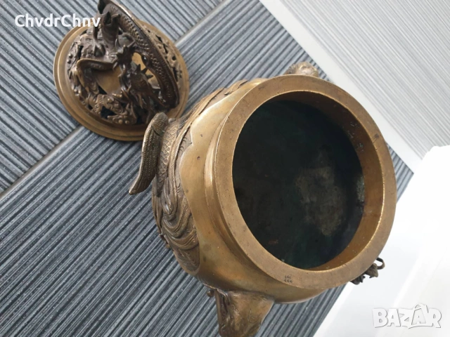 Япония 19-ти век/стара японска бронзова кандилница с дракони, снимка 2 - Декорация за дома - 54091262