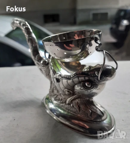 Стара антикварна сребърна цедка за чай с дракон - маркировки, снимка 4 - Антикварни и старинни предмети - 50966187