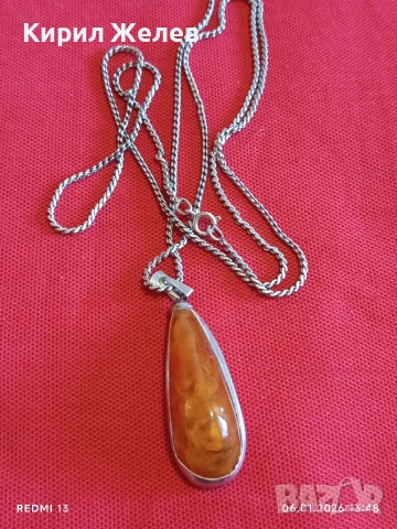 Сребърен ланец плетка тип КОРАБНО ВЪЖЕ и висулка с КЕХЛИБАР ювелирна изработка 47258, снимка 9 - Колиета, медальони, синджири - 53005809