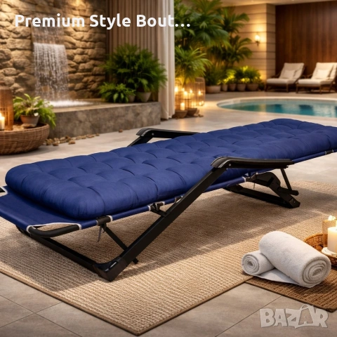 Сгъваем градински шезлонг, регулируем, със синя ватирана възглавница и дишаща материя, 178 см, снимка 6 - Градински мебели, декорация  - 53923362