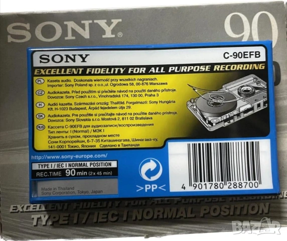 Звук Отлично Качество Ретро Аудио Касета Sony EF 90 Excellent Fidelity Normal Position Type I/IEC I, снимка 2 - Аудио касети - 53467636