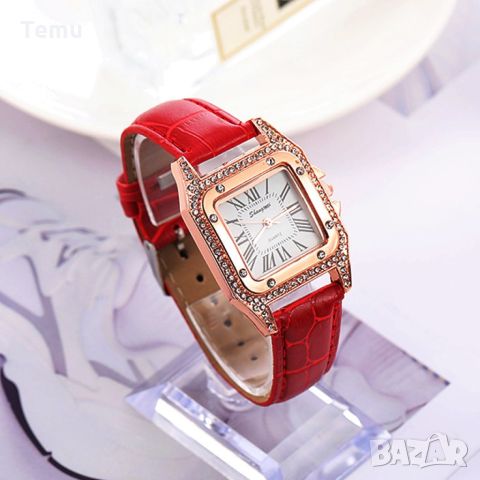 Дамски часовник с квадратен циферблат с камъни и кожена верижка бяло , червено , черно , розово, снимка 6 - Дамски - 45820429