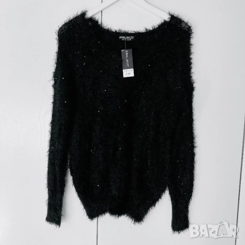 Разпродажба Дамски черен пухкав пуловер с пайети Нов