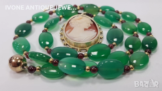 Колие от хризопраст, гранати и камея , снимка 4 - Колиета, медальони, синджири - 52794650