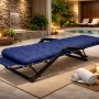 Сгъваем градински шезлонг, регулируем, със синя ватирана възглавница и дишаща материя, 178 см, снимка 6