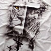 Стилна мъжка елегантна тениска с къс ръкав, шарка на кръст и лъв, снимка 4 - Тениски - 46105392