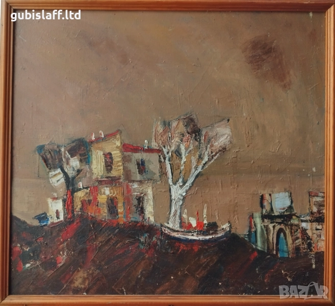 Картина, бряг, лодки, къщи, 1970-те год., снимка 1