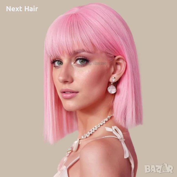 Къса плътна розова перука с бретон, снимка 1