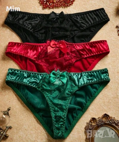 L Сатенени бикини в черно/ червено и маслено зелено , снимка 12 - Бельо - 53207811