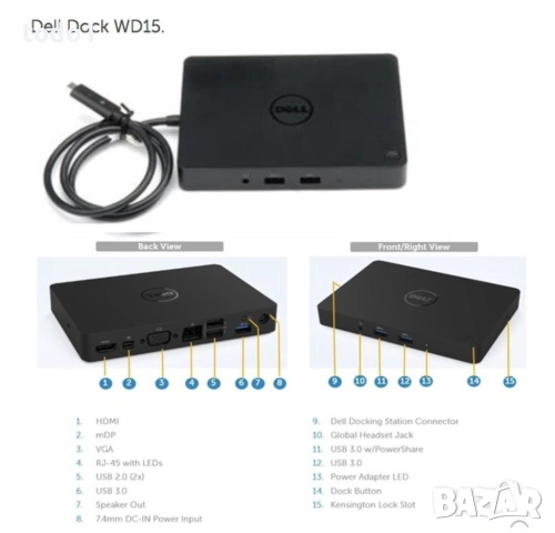 Докинг-станция Dell Dock WD15, USB-C, зарядно 130W