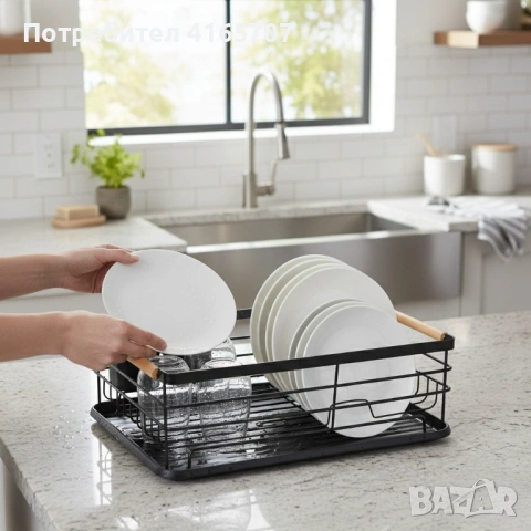 Компактен сушилник за съдове с отцеждаща табла Cheffinger – метален, 43 x 32 x 14 см, модерен дизайн, снимка 4 - Аксесоари за кухня - 53231814