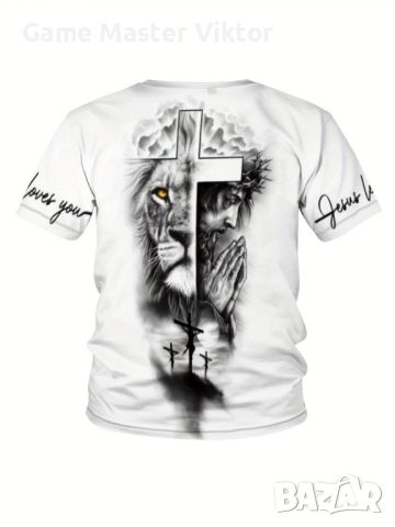 Стилна мъжка елегантна тениска с къс ръкав, шарка на кръст и лъв, снимка 1 - Тениски - 46423624