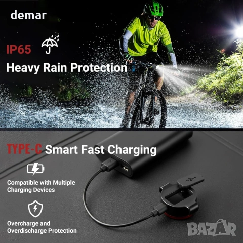 Комплект предни и задни велосипедни светлини, супер ярки, 4+3 режима на осветление, снимка 5 - Аксесоари за велосипеди - 54105835