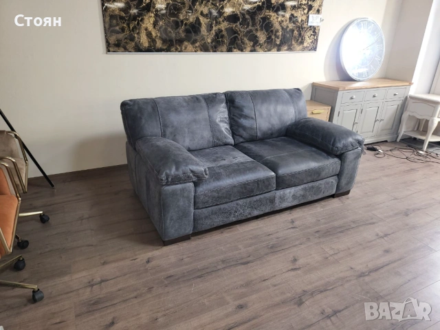 Сив кожен диван двойка - телешки бокс, снимка 7 - Дивани и мека мебел - 53755061